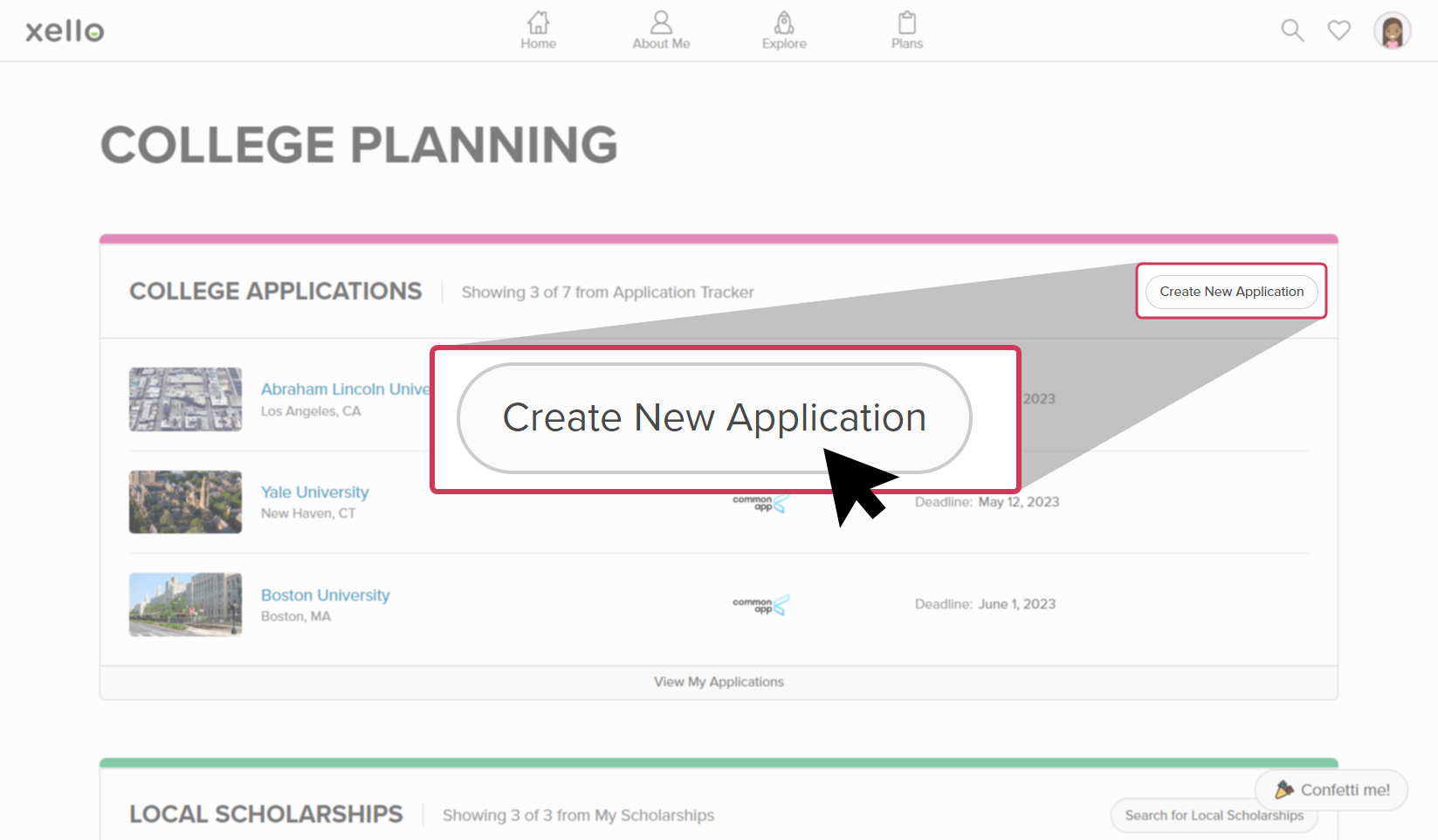 College Planning page open in student account, Create New Application button highlighted